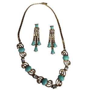 Vtg Unsigned B David Faux Turquoise Snake Chain Necklace Clip Earrings Set